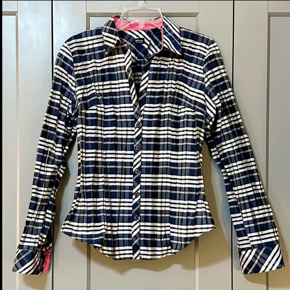 Beluva San Francisco Blue Plaid Pleated Button Down Collared Shirt Size Medium